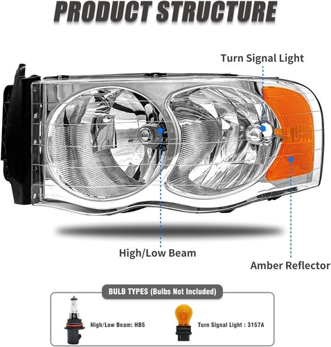 Headlight Assembly Compatible with 2002-2005 Dodge Ram 1500/03-05 Ram 2500 3500 - Picture 3 of 6
