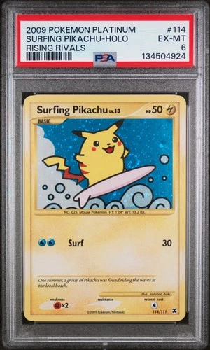 2009 POKEMON PLATINUM RISING RIVALS #114 SURFING PIKACHU-HOLO PSA 6