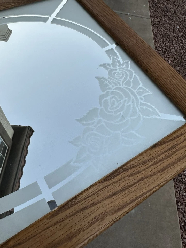 Vintage Oak Frame Rectangular Mirror Etched Rose Brass Hooks Entryway Coat Rack - Image 4 of 4