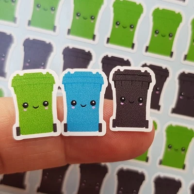 CUTE STICKERS Black Blue Green Wheelie Bin Planner Stickers Kawaii Rubbish Diary Calender