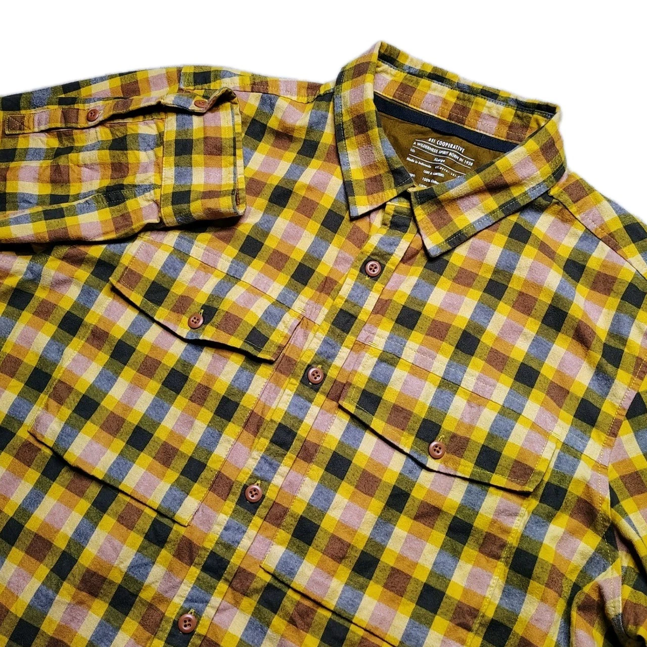 REI Coop Shirt Mens XL Yellow Plaid Wallace Lake Flannel Outdoors Hiking