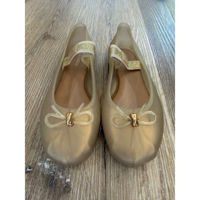 Mini Melissa Sophie INF Mary Jane Jelly Flats Kids Size 1 Pearly Beige Bow Gold