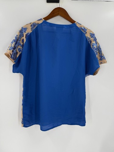 NEW W TAGS New Neiman Marcus Tracy Reese Sequin Blouse Beige & Blue Top SMALL - Picture 7 of 16