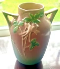 ROSEVILLE ART POTTERY COLUMBINE PINK/GREEN VASE - CA:1941  #14-6 - EXCELLENT