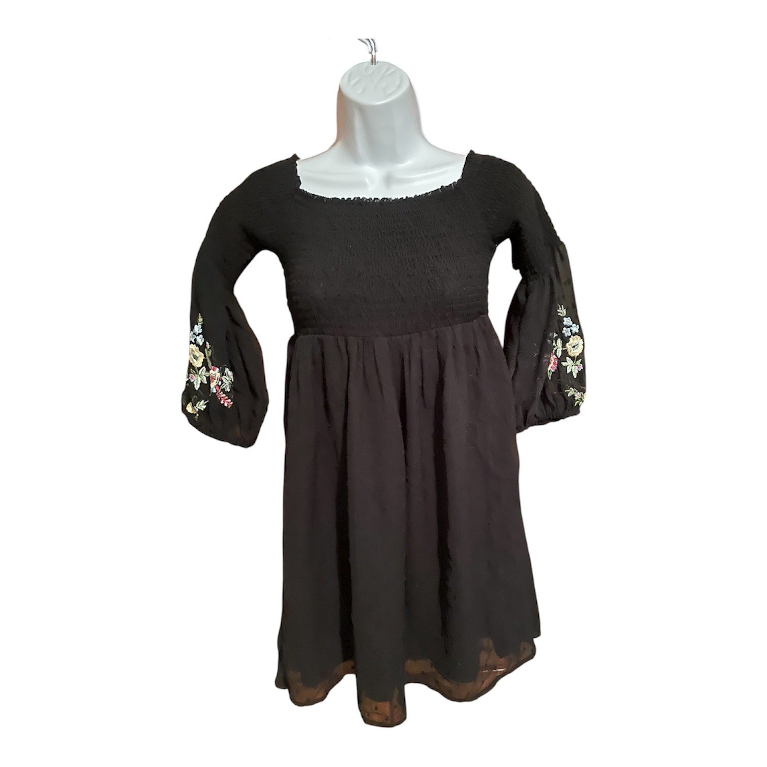 Zara Basic Black Smocked Square Neck Embroidered … - image 1