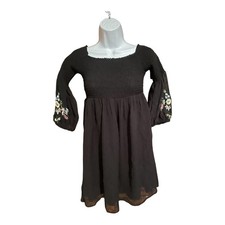 Zara Basic Black Smocked Square Neck Embroidered Floral Bell Sleeve Dress S