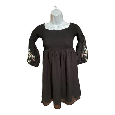 Zara Basic Black Smocked Square Neck Embroidered Floral Bell Sleeve Dress S