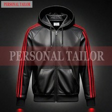 Men's Lambskin Leather Black Hoodie With Red Three Stripes Front Zipper Style