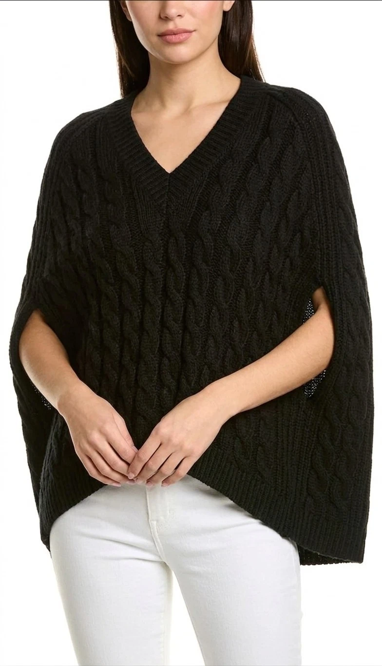 NWT St John Cable Knit Cocoon Poncho Sweater in Black Cotton Wool Pullover M/L