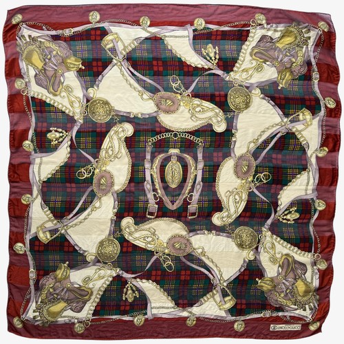 Vintage 80s Paolo Gucci Equestrian Saddle & Tartan Print Silk Scarf, Plaid Shawl - Picture 1 of 5