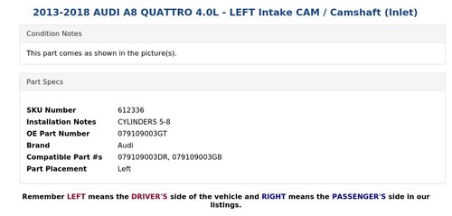 2013-2018 AUDI A8 QUATTRO 4.0L - LEFT Intake CAM / Camshaft (Inlet) - Picture 5 of 6