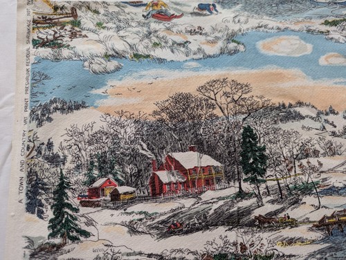 VTG American Winter Scene Fabric Barkcloth Currier & Ives Town&Country 3 Yards - Picture 8 of 19