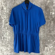 Attention Size XL Casuial Mock Neck Elastic Waist Top Blue Short Sleeve Shirt