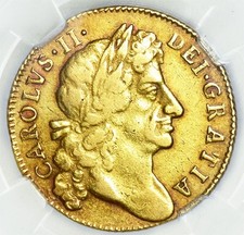 KING CHARLES THE II 1680 GOLD GUINEA - AU53....