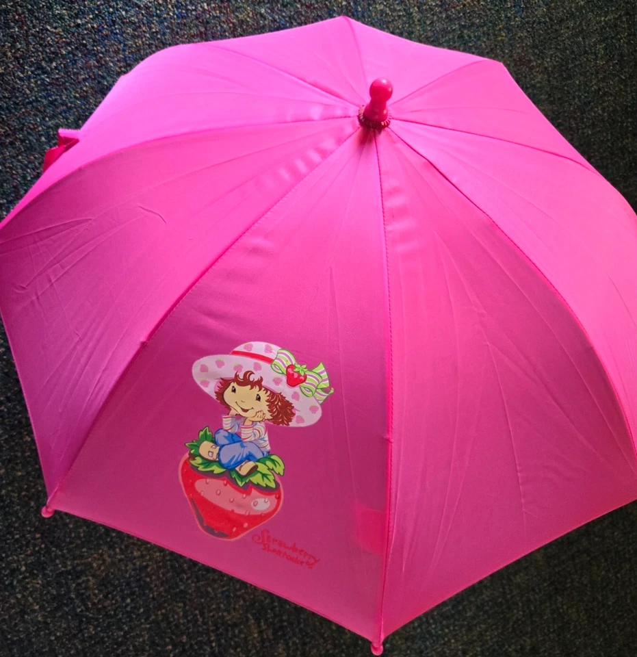 Vintage 2004 Morango Shortcake Guarda-chuva Dobrável Sunny Rainy Days etiquetas - Imagem 4 de 4