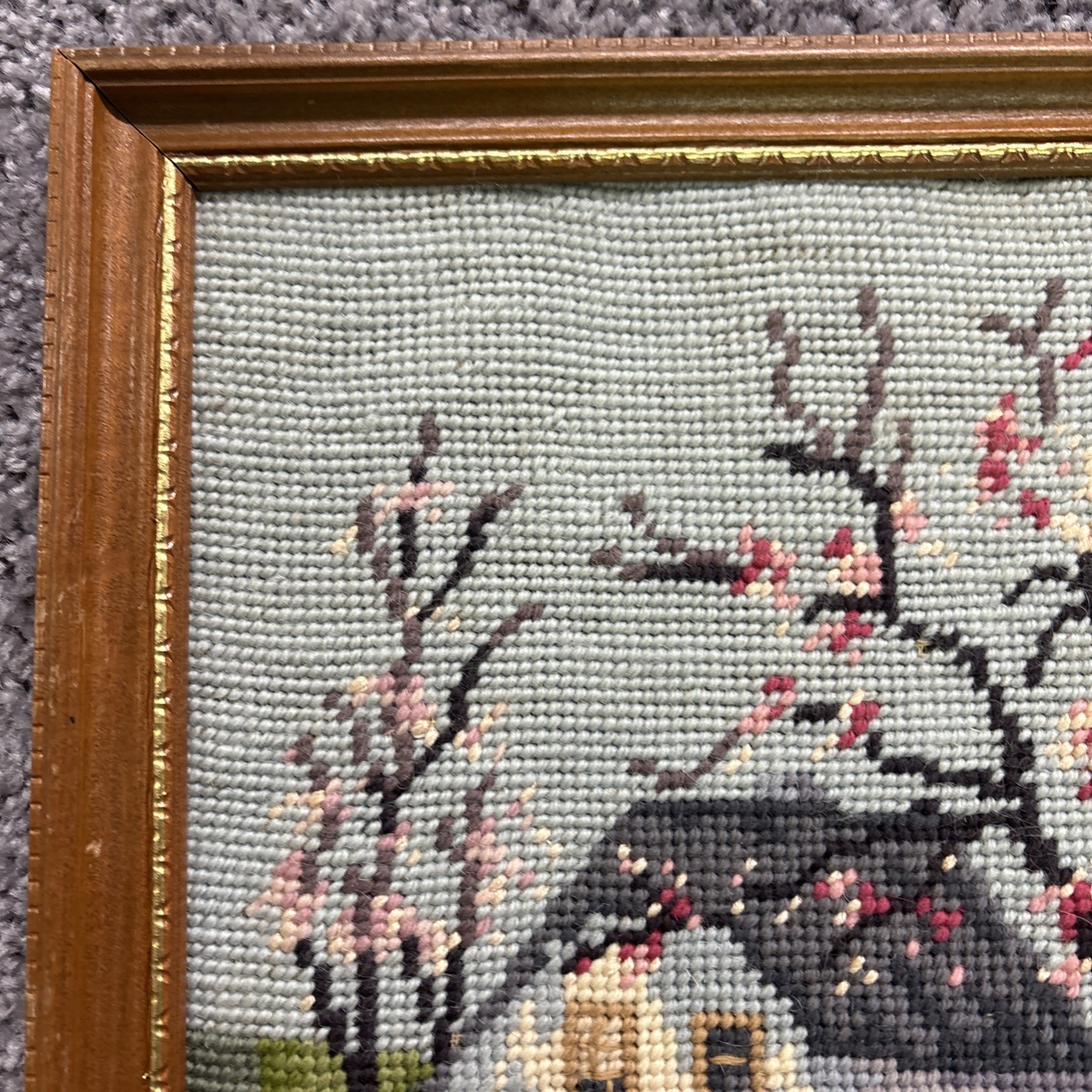 Four Season Needlepoint 11” Framed Pictures Winter Spring Summer Fall Signed
