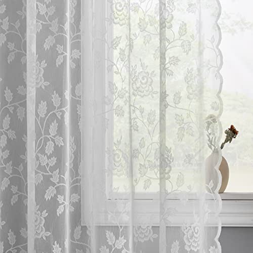 Lace Curtains 72 Inches Long, Rustic Vine Floral 52"W x 72"L (Pack of 2) White - Picture 2 of 8