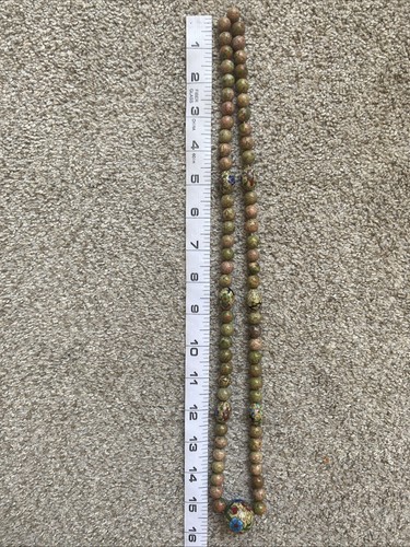 Vintage Beaded Unakite Champleve Cloisonné Necklace Enamel Floral Chinese - Picture 3 of 6