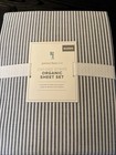 POTTERY BARN OXFORD STRIPE  ORGANIC  SHEET SET Queen NAVY NEW