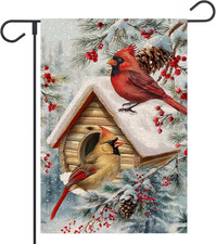 Christmas Winter Garden Flag 12X18 Inch Double Sided Cardinal Bird Holly Berries