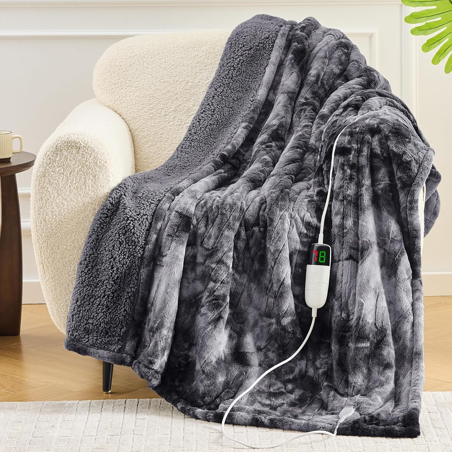 Heated Blanket Electric Throw - Fleece Sherpa Heating Blanket for Sofa, Faux Fur