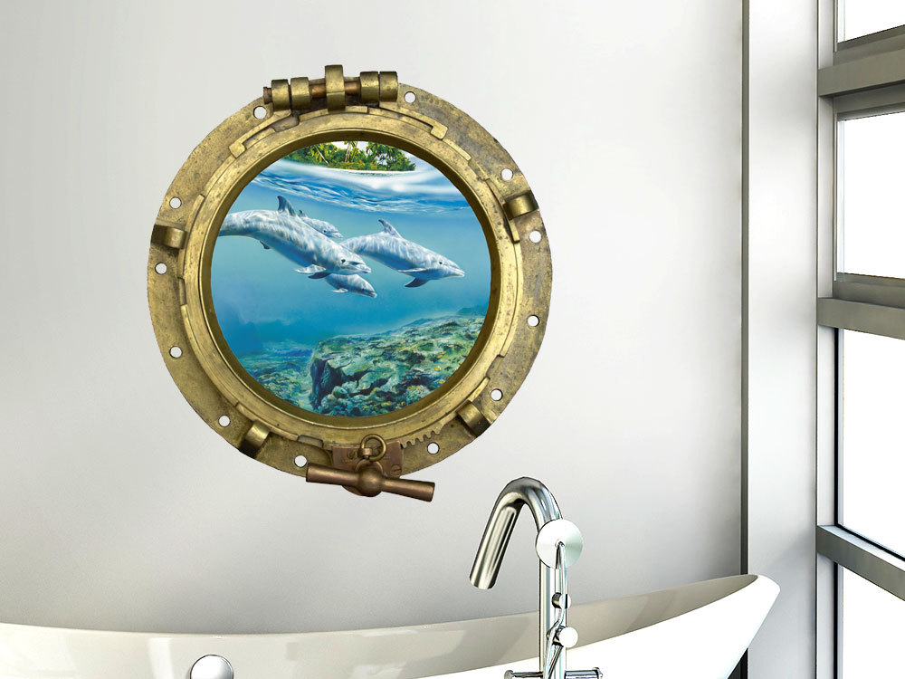 Wandtattoo Badezimmer 'Bullauge Goldfische' – Maritime Deko, Selbstklebend, 57x57 Cm, Für Fliesen, Tapeten, Türen, Made In Germany