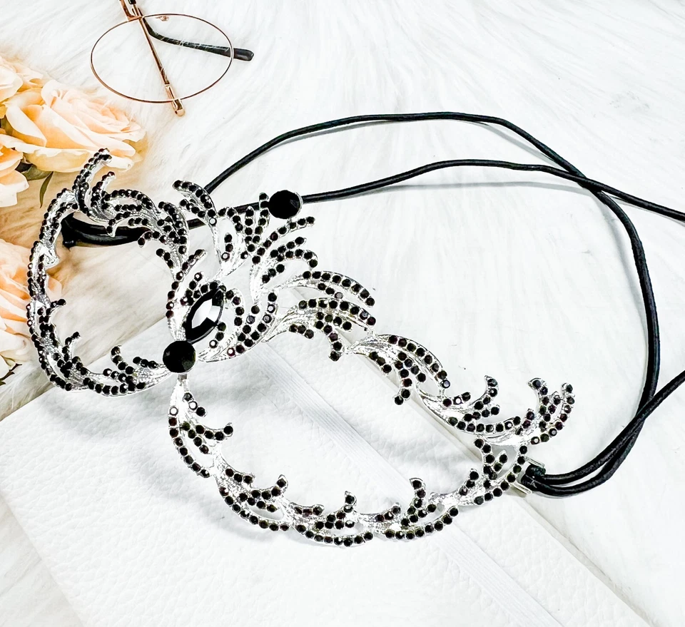 Black Crystal Masquerade Mask, Silver Party Mask, Prom Mask, Renaissance Mask - Image 2 of 4