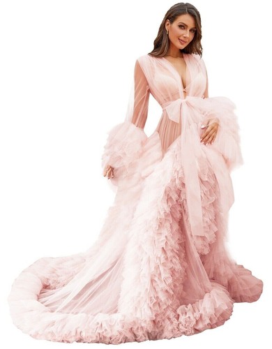 Bata de tul para sesión de fotos de maternidad Sheer Puffy Borgoña vestido largo boda - Imagen 7 de 44