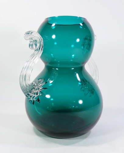 VINTAGE RETRO ITALIAN ART GLASS EMPOLI DOUBLE GOURD VASE MID CENTURY GREEN - Picture 3 of 13