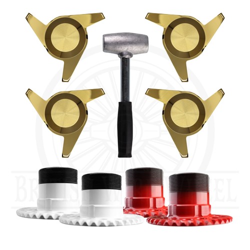 3 Ear Swept Cut Gold KO Spinner Caps + Adapters for Lowriders, Set of 4 + Hammer - Picture 22 of 90