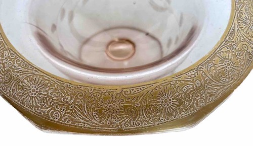 Antique Gold Rim Footed Pink Glass Compote Etched Rolled Octagon, 7-1/4" Wide - Picture 6 of 13