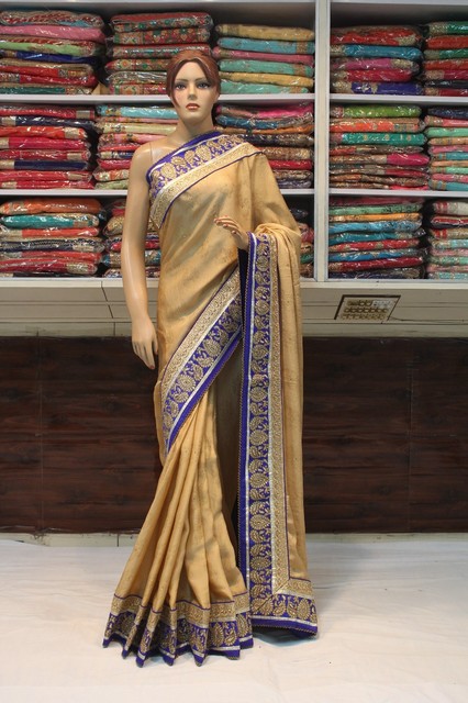 Bead Lace Crepe Silk Beige Saree Blue Border Blouse Designer Party Wear Saree Bead Lace Crepe Silk Beige Saree Blue Border Blouse Designer Party Wear Saree