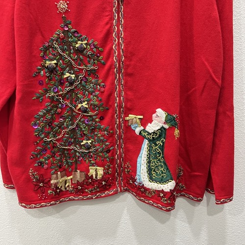 QUACKER FACTORY CHRISTMAS TREE GRANNY CORE SWEATER EMBROIDERED SANTA CORE RED LG - Picture 2 of 17