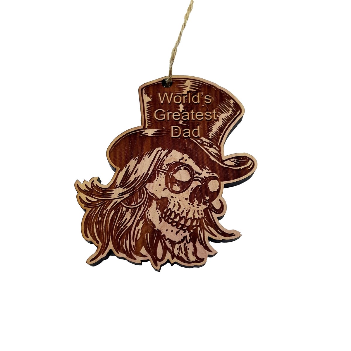 Worlds Best Dad with SKULL and HAT - Cedar Ornament Worlds Best Dad with SKULL and HAT - Cedar Ornament