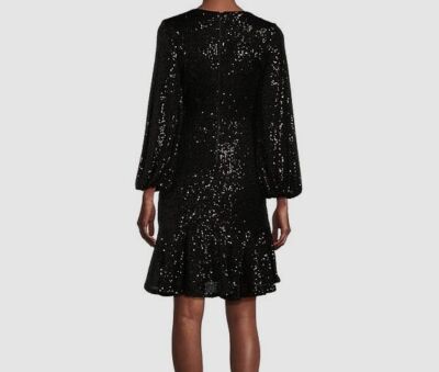 Eliza J Women's Black Sequinned Lined Faux-Wrap Fit Flare Dress Size