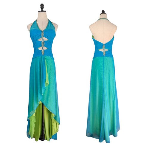 Vintage Silk Prom Dress Maxi Gown 10 Y2K Fairy Ruffle Green Blue Halter Glam