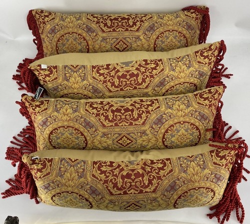 Pillow  Fringe tapestry throw lumbar pillow 10 in X 26 in set of 4 Red Gold - Picture 3 of 7