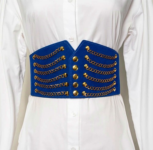 Women Gold X Punk Rivet Elastic Buckle Stretch Waistband Corset Wide Waist Belt - Picture 8 of 11