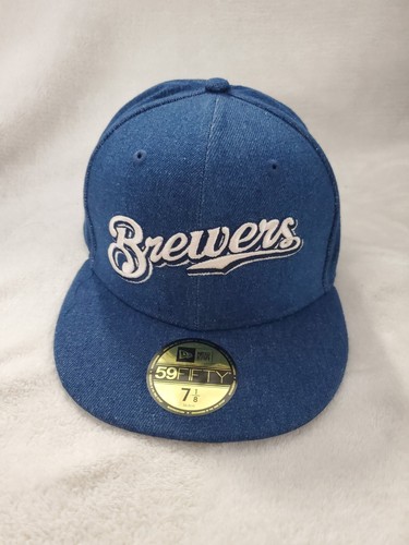 NEW ERA 59 FIFTY MLB MILWAUKEE BREWERS DENIM BLUE FITTED HAT SZ 7 1/8 MENS NEW - Picture 1 of 9