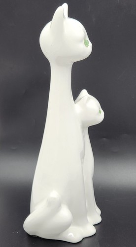 Vintage Ceramic Two Attached White Long Neck Cats w/Green Glass Eyes MCM 13" - Picture 6 of 14
