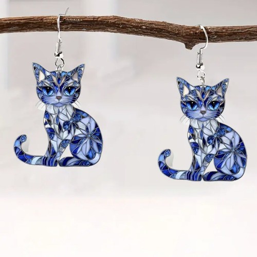 Blue & White Stained Glass Cat, Dangling Earrings, Stainless Steel, Acrylic - Picture 4 of 6
