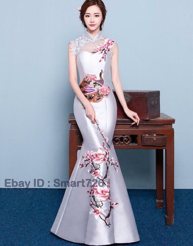 Women Wedding Long Dress Chinese Cheongsam QiPao Fishtail Evening Bodycon Gown - Picture 2 of 15