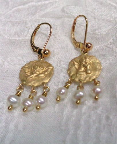 Pendientes PETER BRAMS DESIGNS PBD Oro Amarillo 14K CHERUM & PERLA Palanca Trasera 4.1g - Imagen 2 de 6