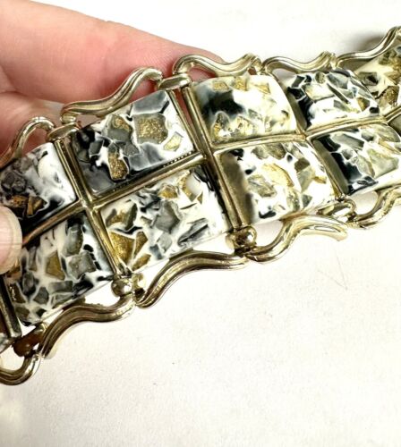 Bracciale Vintage Firmato Coro Thermoset Confetti Pepita Tono Oro Macchia Midcentury - Foto 3 di 6