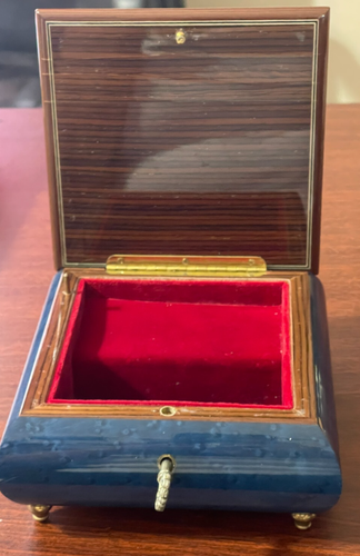 Vtg. Swiss Reuge Music Box Wood Inlay Flowers, Blue pLAYS Memory - Picture 3 of 6