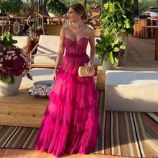 Strapless Long Tulle Prom Dresses Backless Layered Pleated Party Gowns Customed
