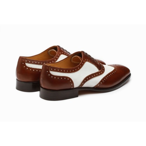 Zapatos Oxford Brogue Punta de Ala Para Hombre Hechos a Mano Dos Tonos Cuero Marrón y Blanco - Imagen 4 de 7