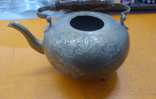 ⭐️⭐️⭐️⭐️⭐️ Vintage Dreifuß Messing Teekanne mit Holzgriff **Deckel fehlt**  - Bild 3 von 4