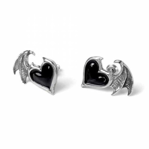 ALCHEMY BLACKSOUL EARRINGS Gothic Black Heart Bat Wing Studs + FREE VELVET POUCH - Picture 2 of 5