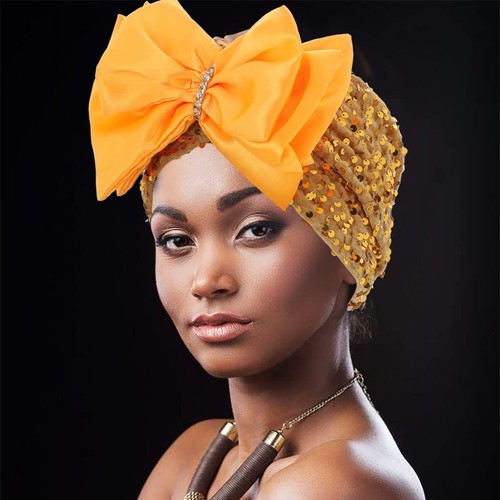 Head Wrap Bow Turban Sequin Beanie Pre Tie Head Scarf for Women Yellow - Picture 4 of 7